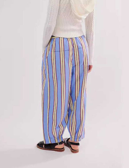 Casual Elastic Waist Color Block Striped  Pants