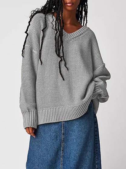 Long Sleeves Loose Solid Color Velvet V-Neck Pullovers Sweater Tops