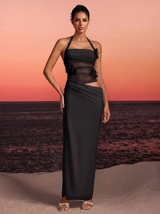 Ashlyn alterneck Flower Maxi Dress In Black