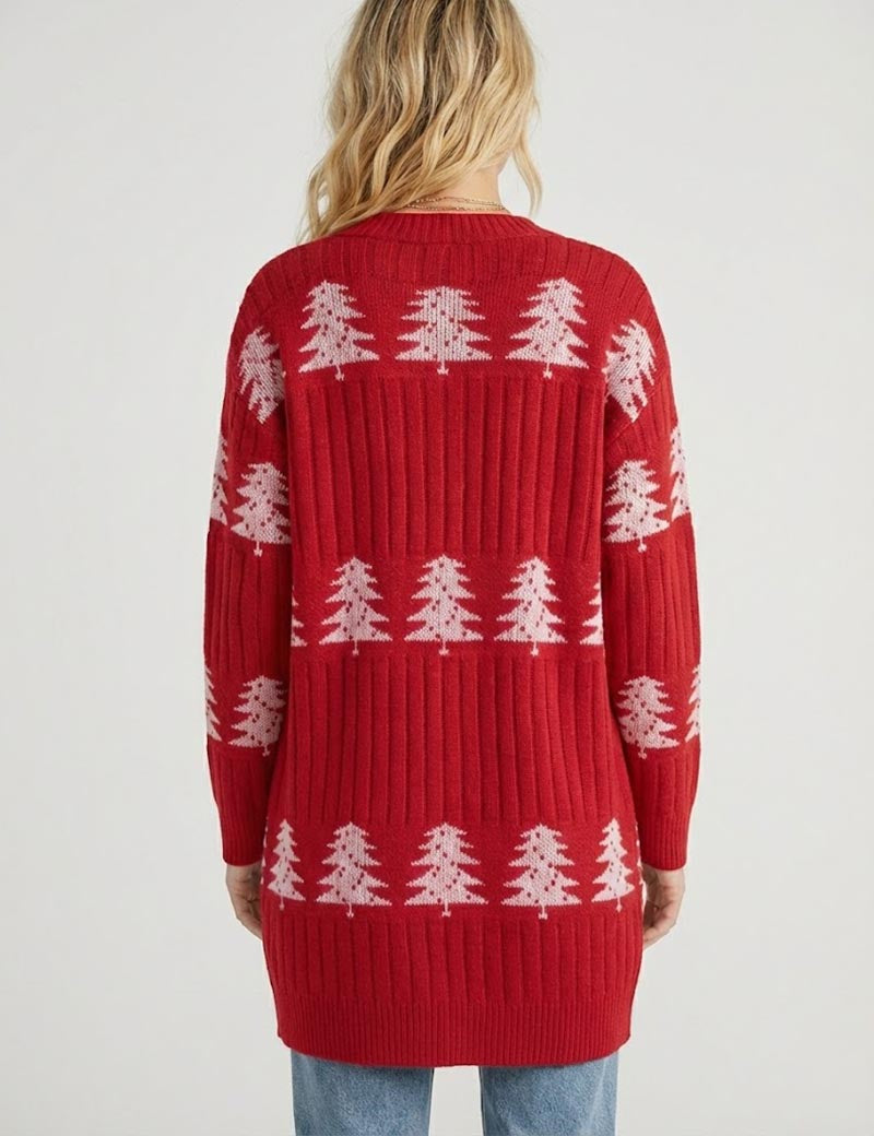 Trendy Embroidery Christmas Tree Knit Long Cardigan