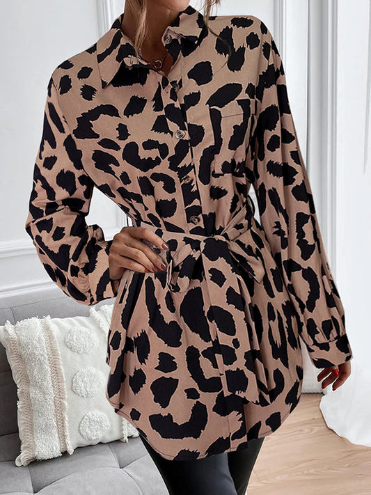 Long Sleeves Loose Buttoned Leopard Pockets Tied Waist Lapel Blouses&Shirts Tops