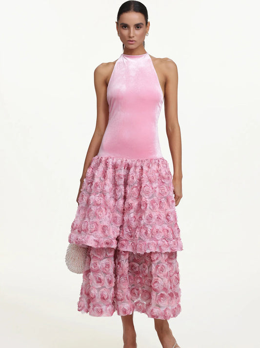 Briar Romantic Contour Halter Floral Velvet Maxi Dress