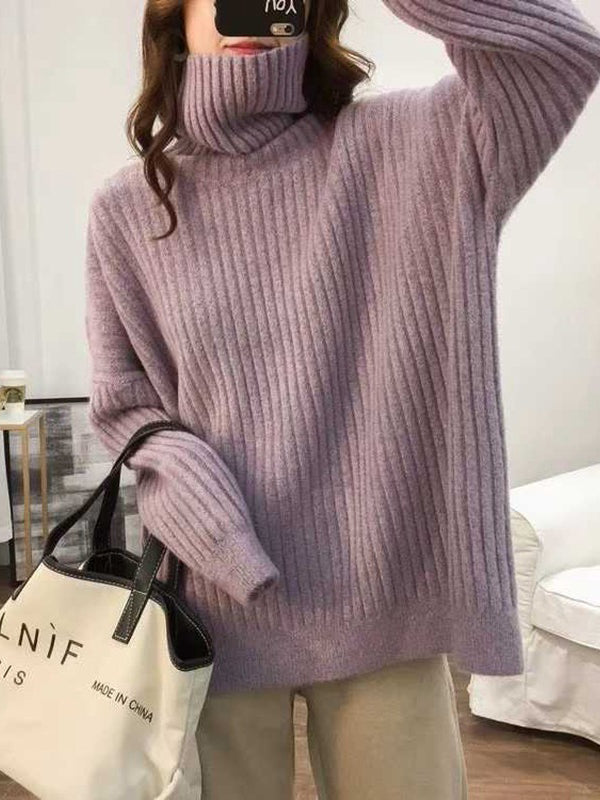 Casual Long Sleeves Loose Solid Color High-Neck Sweater Tops