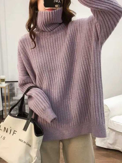 Casual Long Sleeves Loose Solid Color High-Neck Sweater Tops