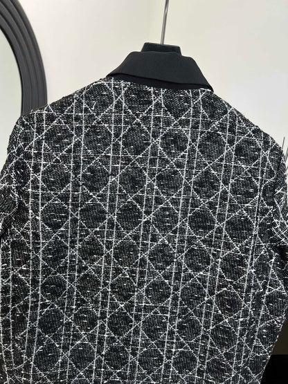 Dior 2025 Cannage Tweed Jacket with Pearl Buttons Black White Cotton