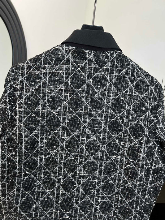 Dior 2025 Cannage Tweed Jacket with Pearl Buttons Black White Cotton