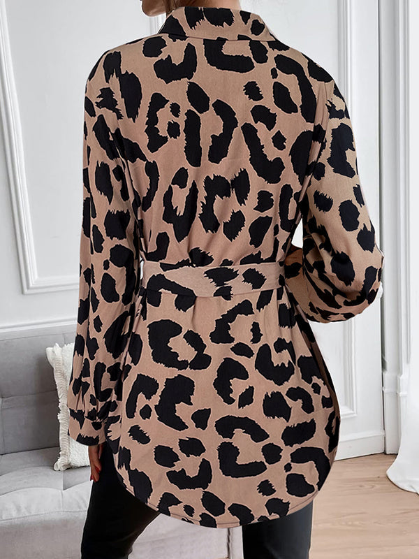 Long Sleeves Loose Buttoned Leopard Pockets Tied Waist Lapel Blouses&Shirts Tops