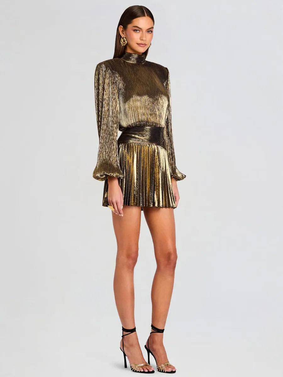 Hazel Pleated Mini Dress In Gold