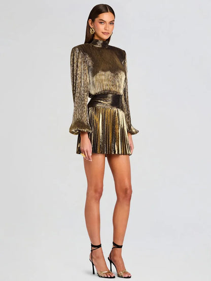 Hazel Pleated Mini Dress In Gold