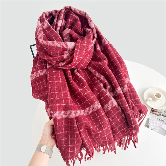 Color Block Plaid Fringe Scarf