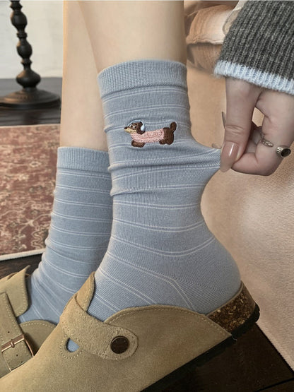 Rufia - Cute Dog Embroidered Mid-calf Socks