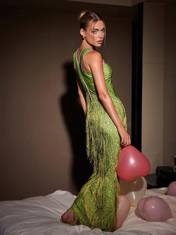 Cyfel Floral Crystal Fringe Midi Dress In Green