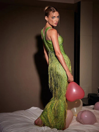 Cyfel Floral Crystal Fringe Midi Dress In Green