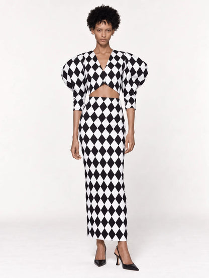 Selah Checked Puff Sleeves Top and Maxi Skirt Set
