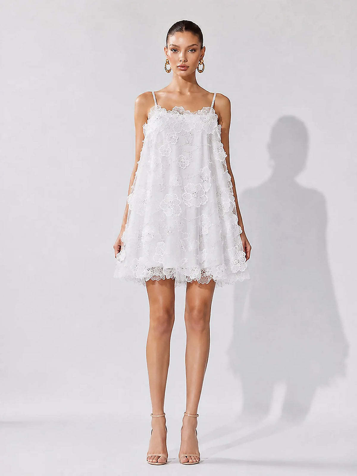 Abrianna Rhinestone Flower and Sequin Mesh Mini Dress