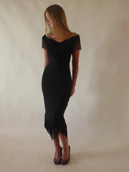 Natalia Off Shoulder Midi Dress with Fringe Trim