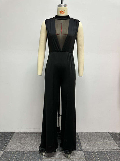 Sleeveless Wrap Hollow Solid Color Split-Joint Split-Side Round-Neck Jumpsuits