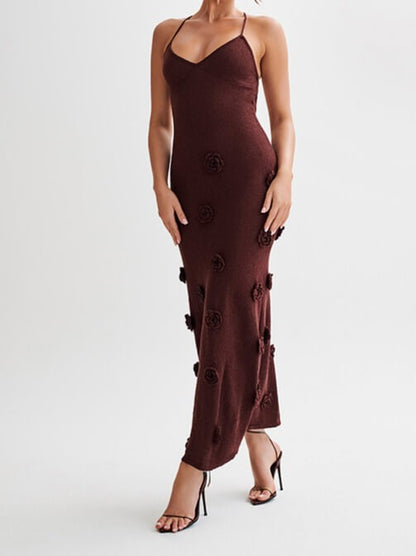 Halter 3D Floral Knit Backless Maxi Dress