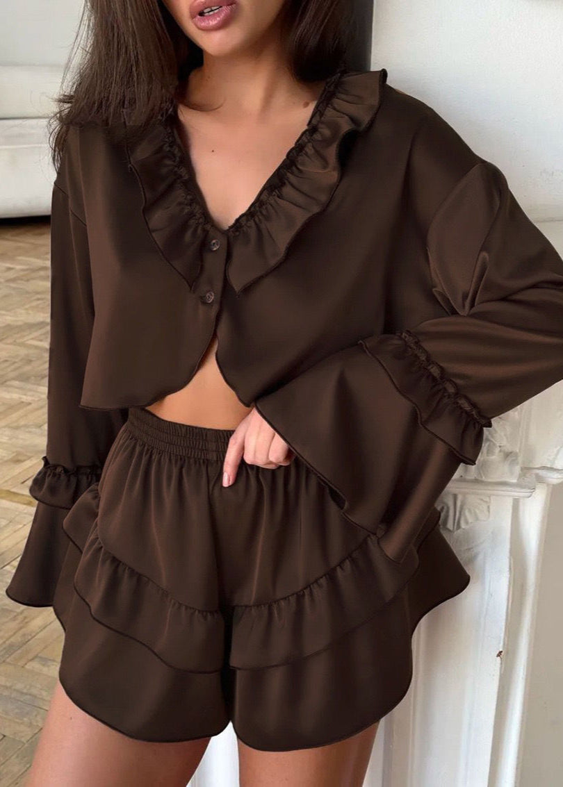 Long Sleeve Top and Shorts Set With Ruffle Trim