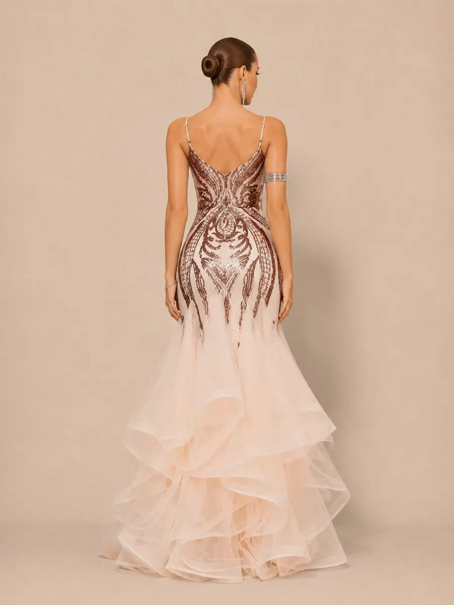 Jocelyn Elegant Contour V Neck Sequin Pattern Maxi Dress