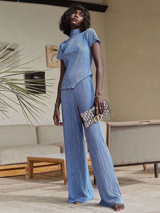 Simple Solid Color High-Neck T-Shirt Top&Wide Legs Pants 2 Pieces Set
