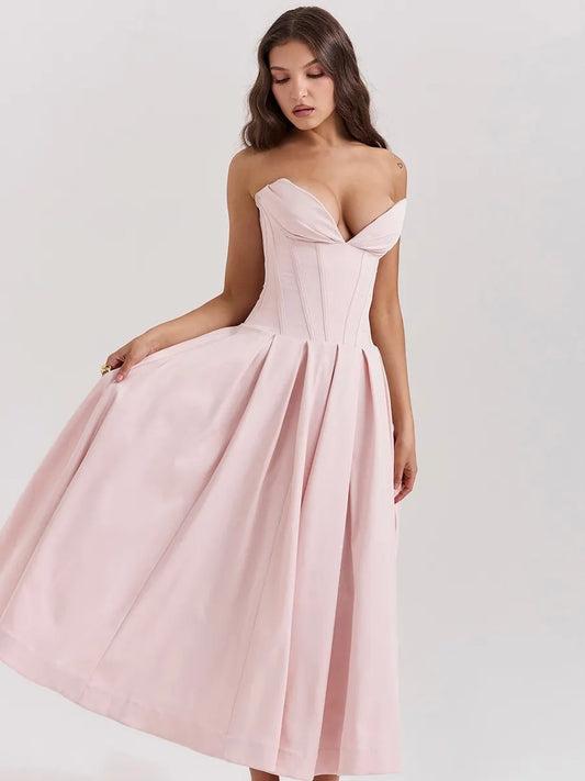Savannah Off-Shoulder Corset Midi Dress In Pink