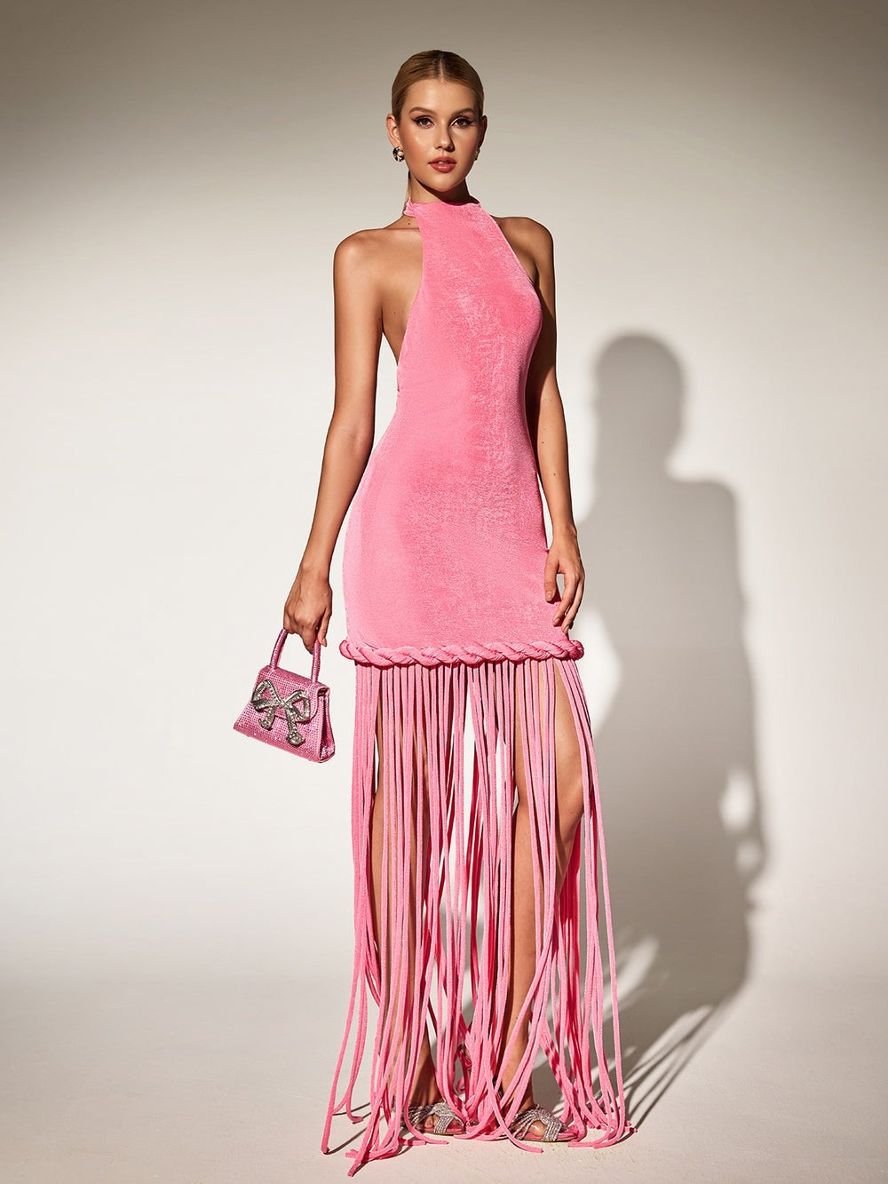 Litonya Halterneck Fringe Velvet Maxi Dress