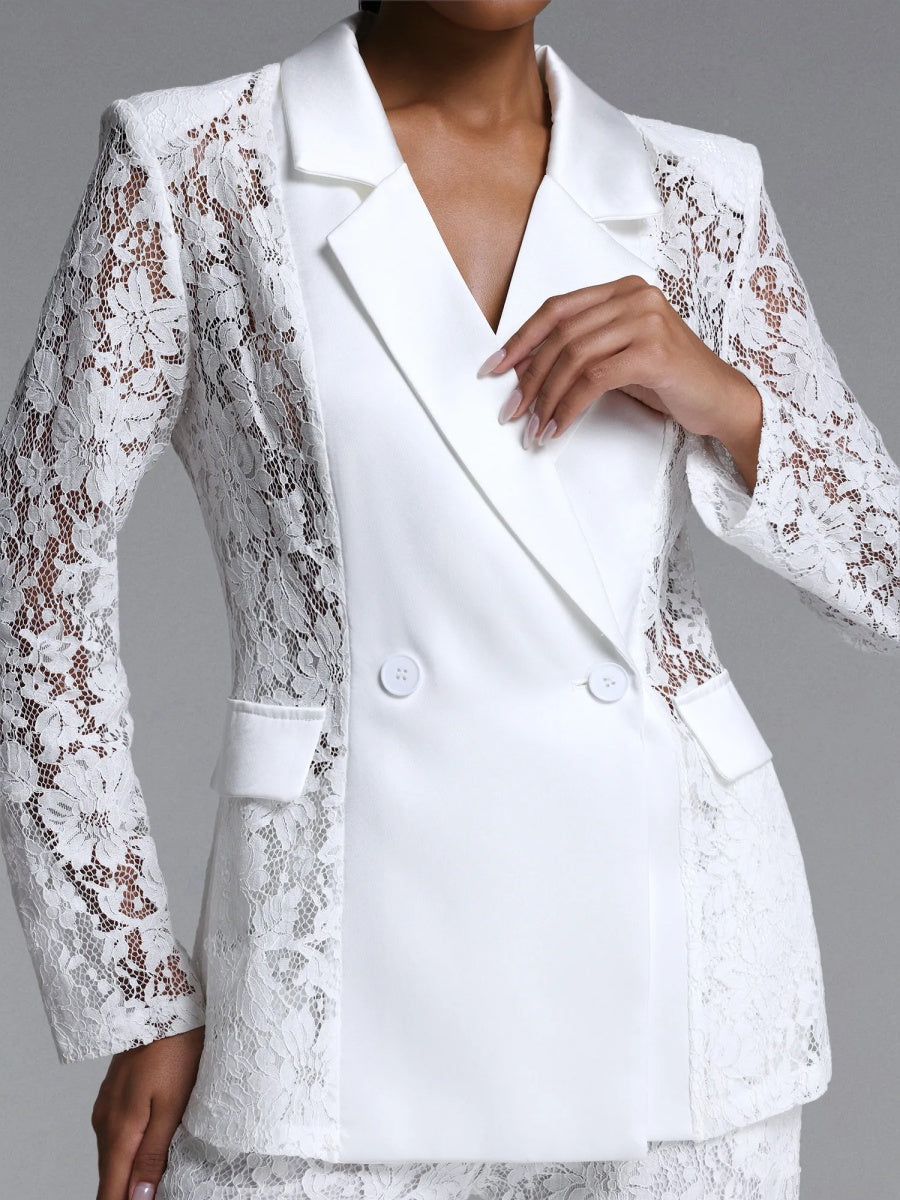 Elara Lace Satin-Trimmed Blazer & Wide-Leg Pant Suit