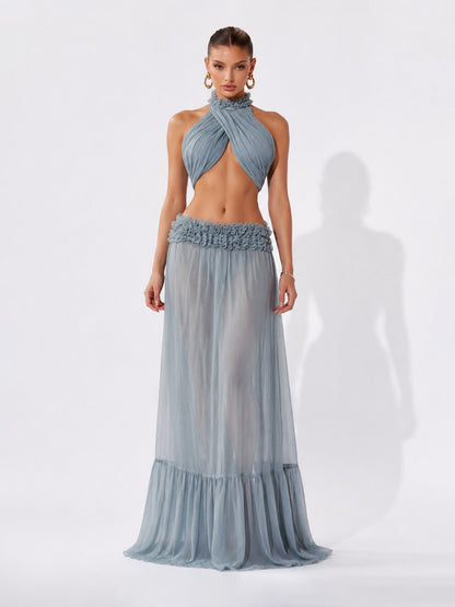 Persephone Crisscross Halter Top and Ruffled Maxi Skirt Set