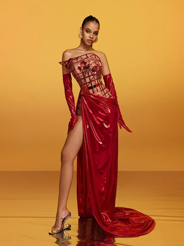 Aethon Strapless Metallic Flower Maxi Dress In Red