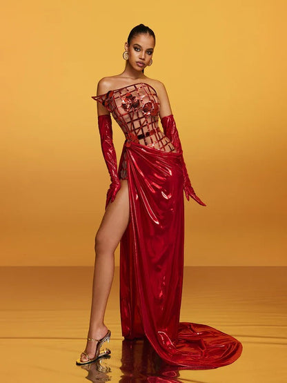 Aethon Strapless Metallic Flower Maxi Dress In Red