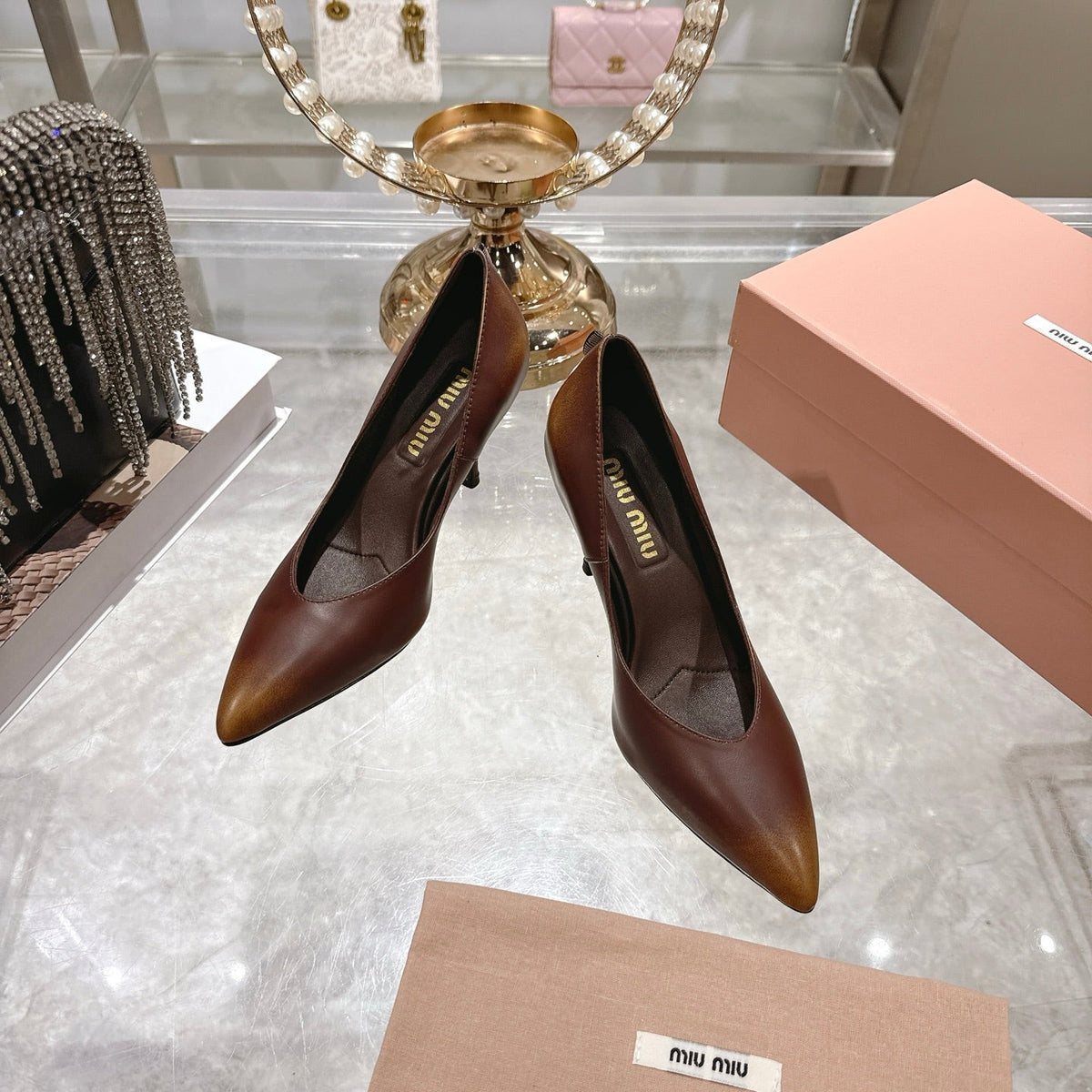 Miu High Heel Pumps Brown Sheepskin 592077