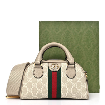 GG Supreme Monogram Textured Dollar Calfskin Web Mini Ophidia Top Handle Bowler Bag Beige Mystic White Oatmeal