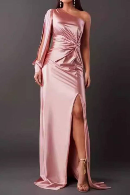 One-shoulder satin twisted high-slit maxi dress