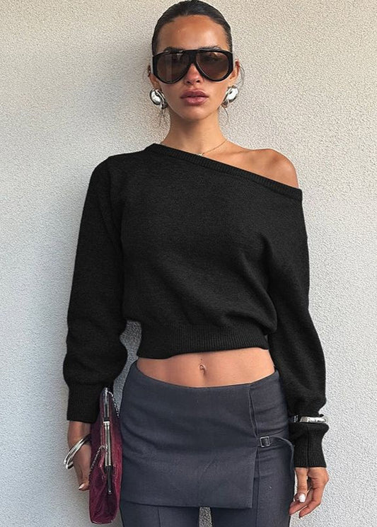 Off Shoulder Cropped Knit Sweater Soft Fabric