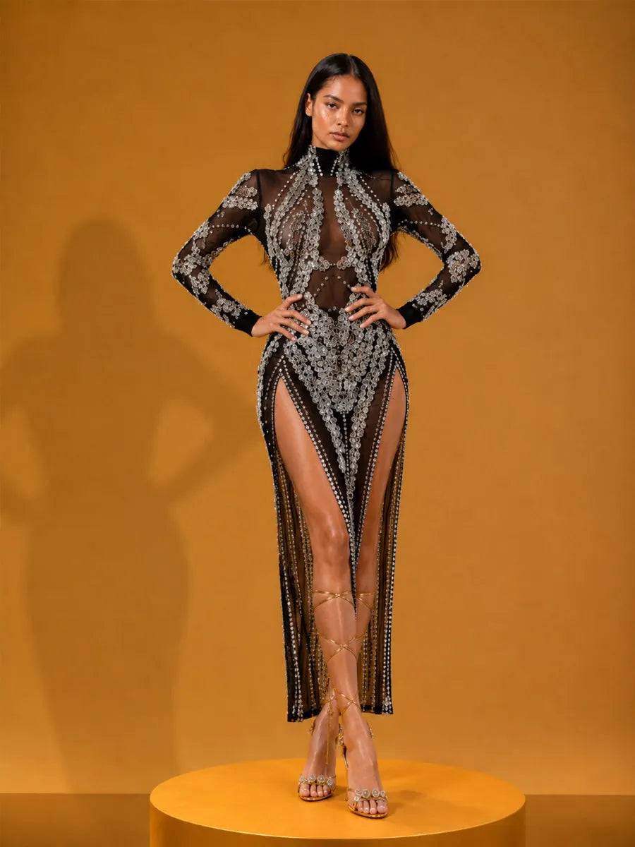 Jazlyn Rhinestone & Sequin Mesh Long-Sleeve Maxi Dress In Black