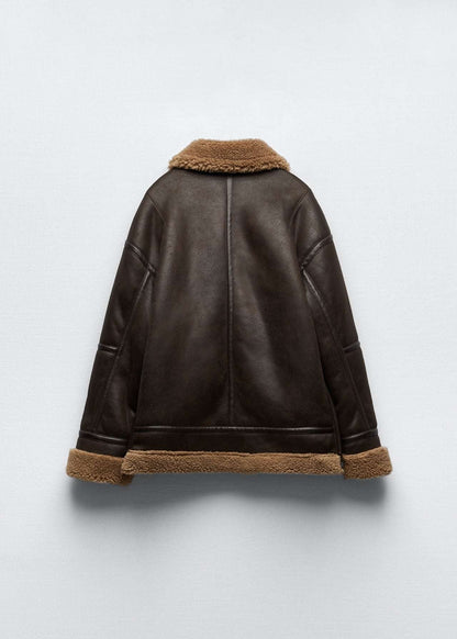 Lamb Fur Trimmed Faux Leather Aviator Jacket