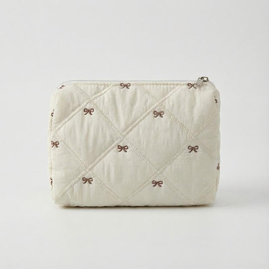 Simple Cotton Quilted Bow Embroidery Cosmetic Bag