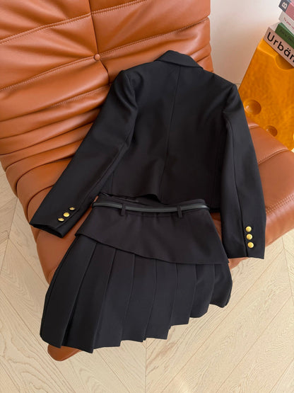 GG SS26Cropped Blazer Pleated Mini Skirt Set Black Cotton 347123