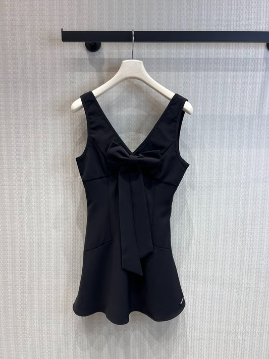 Miumiu 2026 V-neck Bow Vest Dress Black and White Polyester 356964