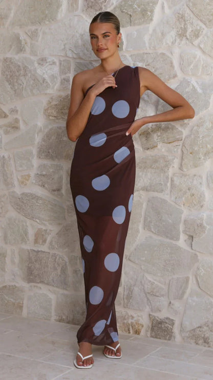 Cataleya Mesh Maxi Dress - Brown / Blue Polka Dot