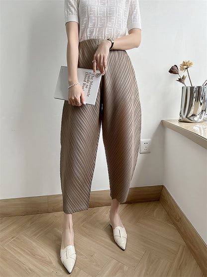 Harem Pants High Waisted Elasticity Pleated Solid Color Split-Joint Ninth Pants Pants Trousers