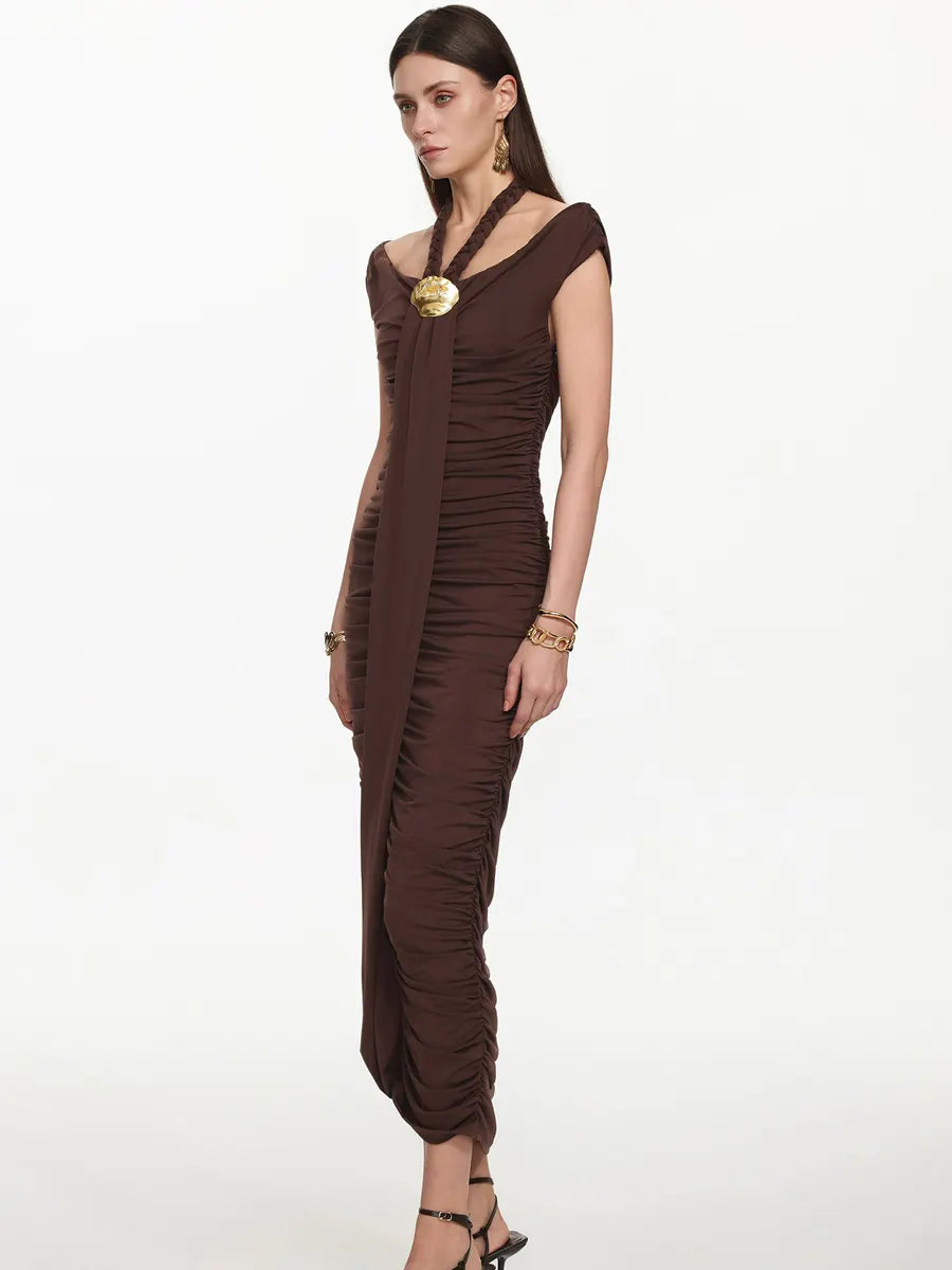 Greta Elegant Sleeveless Ruched Knit Brown Maxi Dress