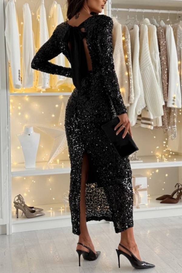 Sequined backless bodycon dress with tie-up straps.