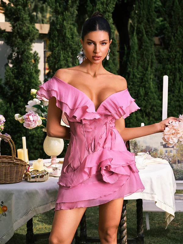 Dabney V Neck Ruffle Mini Dress In Apricot