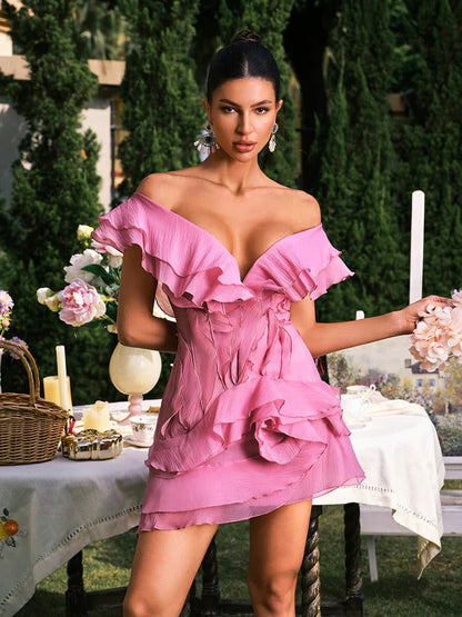 Dabney V Neck Ruffle Mini Dress In Apricot