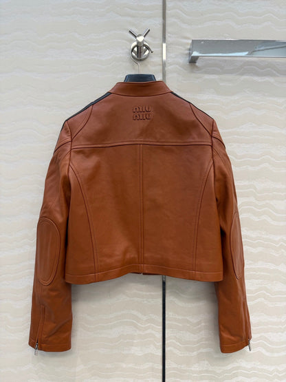 Miu SS26 Nappa Leather Jacket Stripes Brandy Lambskin 351105