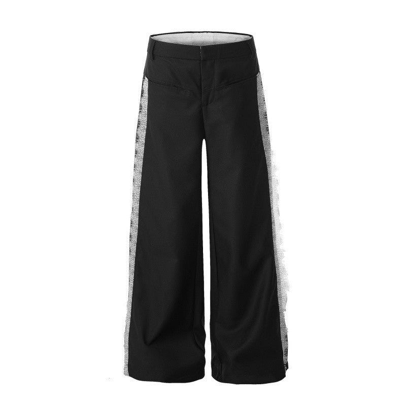 Lace Trimmed Gray Trousers Draped Wide-Leg Longline Style
