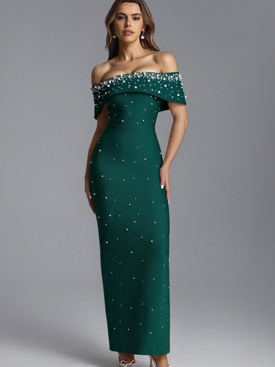 Chloe Off-the-Shoulder Pearl-Embellished Bandage Maxi Dress