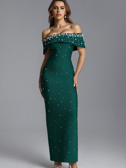 Chloe Off-the-Shoulder Pearl-Embellished Bandage Maxi Dress